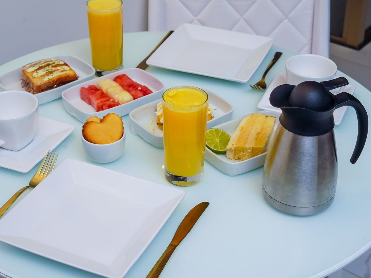 Breakfast laid out on a table at Moturiki