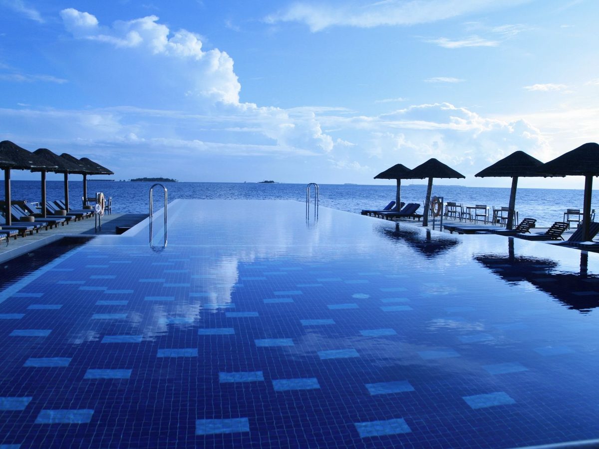 The heated lap pool on the first-floor deck